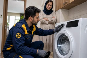 تست عملکرد ماشین لباسشویی بعد از تعمیر در محل توسط تکنسین