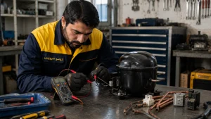 تست و تعمیر کمپرسور یخچال با مولتیمتر توسط تکنسین دوسو سرویس