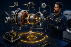 نمای سه بعدی اجزای موتور ماشین لباسشویی