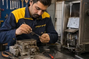 تمیز کردن و تنظیم ترموکوپل بخاری گازی توسط تعمیرکار

