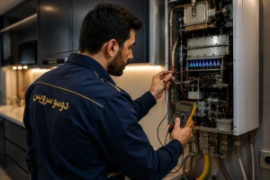 تکنسین ایرانی در حال عیب‌یابی آبگرمکن دیواری