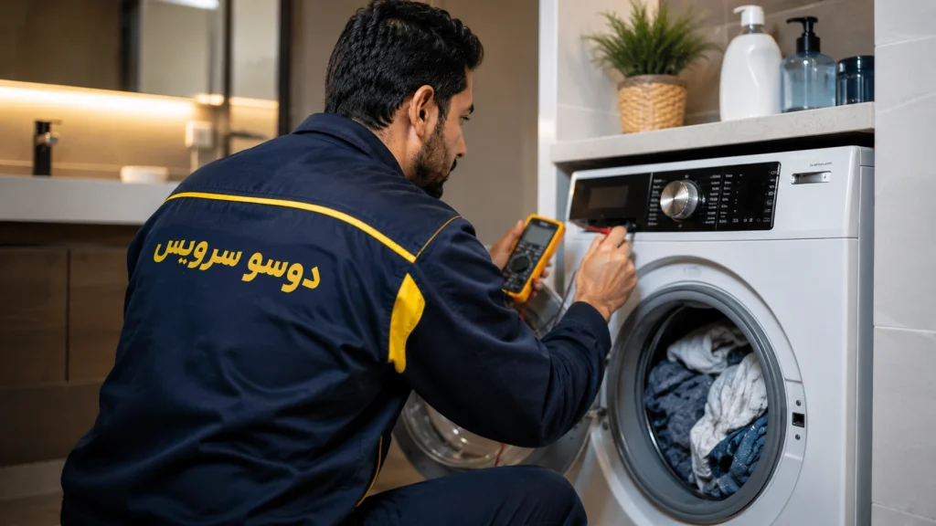 تعمیرکار ایرانی در حال عیب‌یابی علت خشک نکردن ماشین لباسشویی