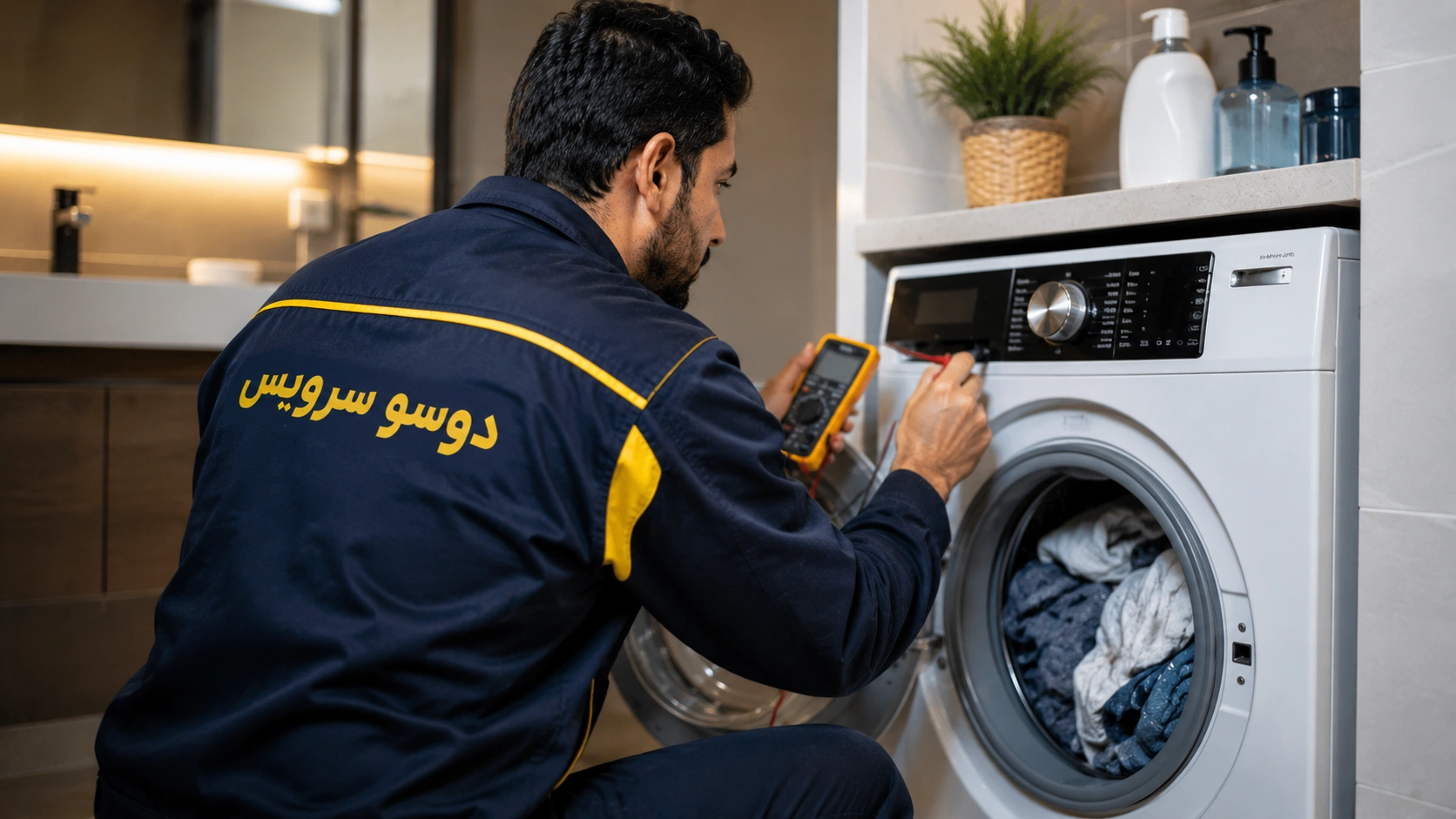 تعمیرکار ایرانی در حال عیب‌یابی علت خشک نکردن ماشین لباسشویی