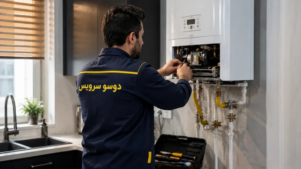 تعمیرکار ایرانی در حال عیب‌یابی علت گرم نشدن آب پکیج دیواری