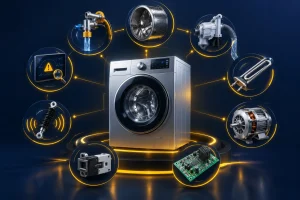 تصویر سه بعدی عیب یابی مشکلات مختلف ماشین لباسشویی