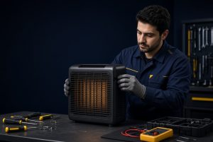 تصویر سه‌بعدی بررسی ایمنی و عیب‌یابی بخاری برقی توسط تعمیرکار