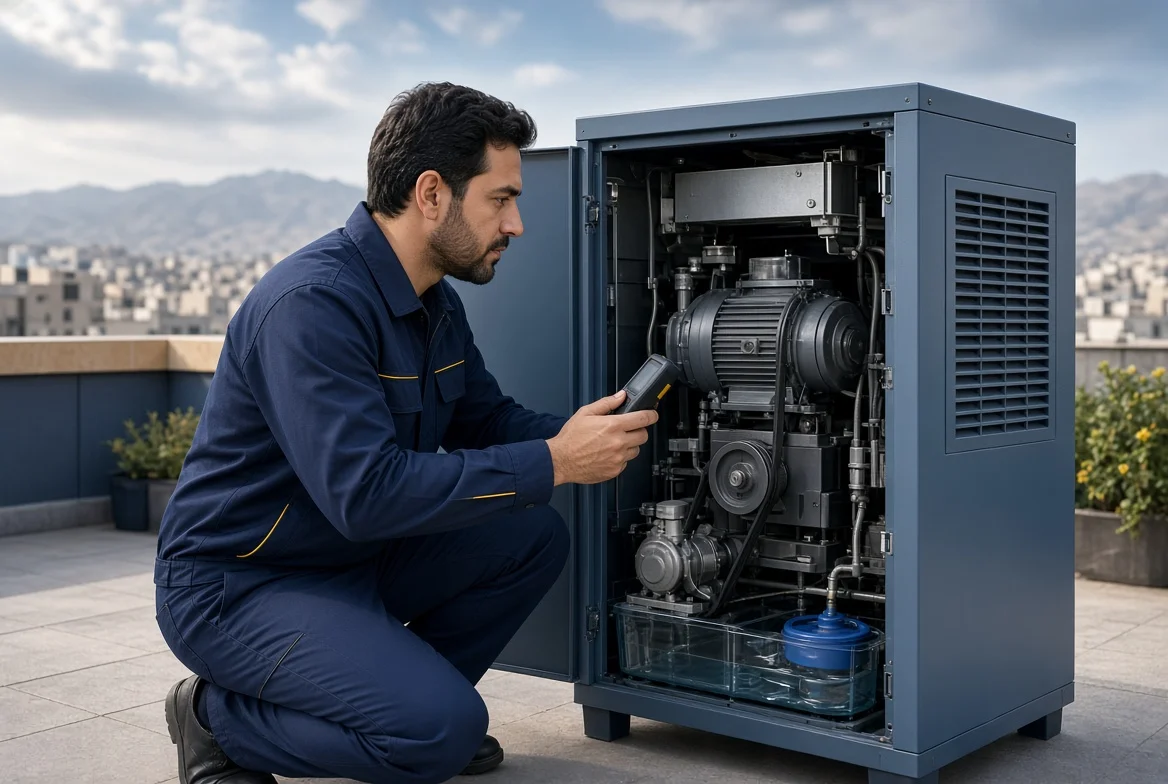 سرویس و تعمیر سه‌بعدی کولر آبی با تمرکز بر بررسی موتور و سیستم گردش آب
